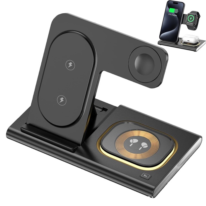 Incarcator rapid 3-in-1 wireless Incarcare rapida 15W compatibila Apple Watch Toate seriile Airpods Toate modelele si iPhone Android Negru Adaptor 3.0 Fast Charge inclus, 16.5 × 9.5 × 13 cm, Negru