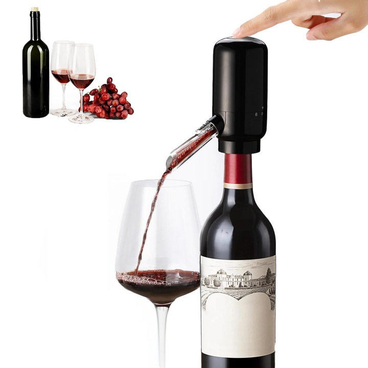 Decantor de Vin Electric, Functie de Aerator si Dispenser Automat, Functioneaza cu Baterii, Buton Pornire-Oprire, Tub 30 CM, Compatibil cu Orice Sticla de Vin, 12.1 × 10.5 × 5.1 cm, Culoare Negru, Design Modern