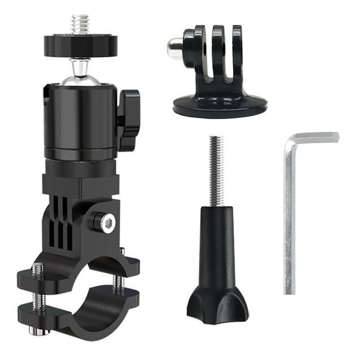 Поддръжка за монтиране на спортни видеокамери, Axroad Mall, 360 и 90 градусово завъртане, диапазон на диаметъра 19-33 mm, с ключ, съвместим с GoPro, DJI Action, Insta 360, алуминиева сплав, 138 × 58,6 cm, черен