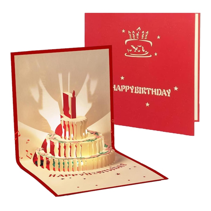 Felicitare cu tort pop-up 3D, Darklove, Moments, Muzicala, Lumina LED, Cu plic, Happy Bithday, Pliabil, Usor de asamblat, Pentru scrisoare de invitatie, ziua de nastere si craciun, Hartie, 15x15 cm, Rosu