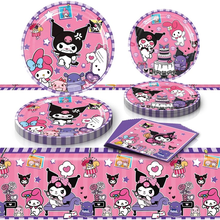 Set de decoratiuni pentru petrecerea de aniversare pentru copii Kuromi, 20 farfurii 20 servetele 1 fata de masa/multicolor