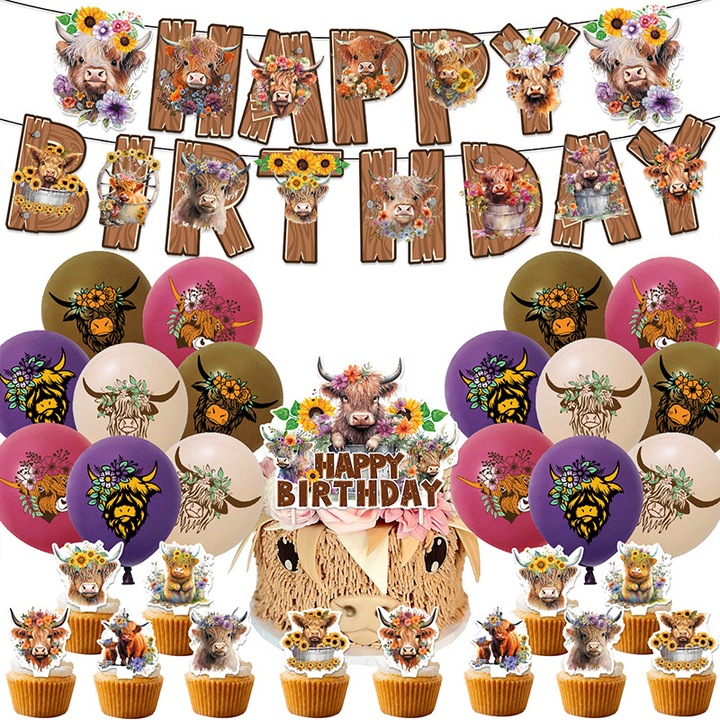 Комплект от 16 детски балона, Highland Cow, парти за рожден ден, латекс, 1 банер Честит рожден ден, 12 топера за кексчета, 1 топер за торта, многоцветен