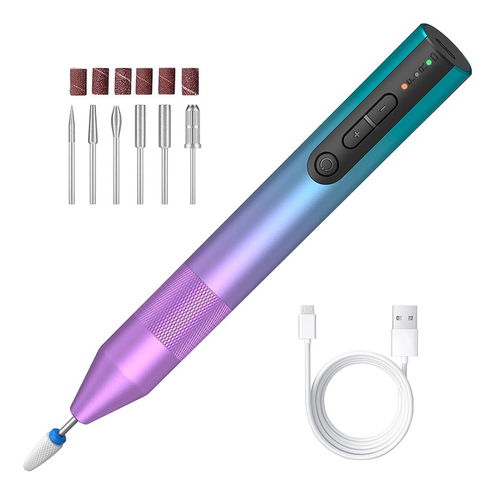 ZJZ professzionális körömreszelő, hordozható, manikűrhöz és pedikűrhöz, vezeték nélküli, USB töltés, 20 000 RPM, 6 kivehető fejjel, Gradient