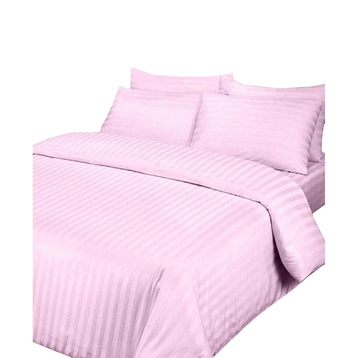 Set lenjerie pat dublu, premium damasc finet, bumbac cu dunga 1cm, roz, 6 piese