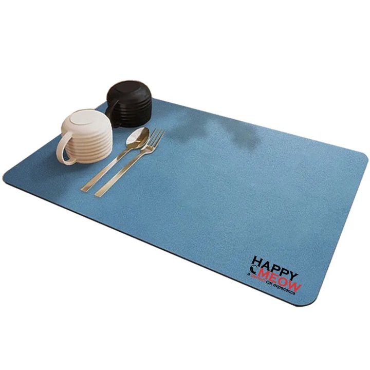 Covoras absorbant pentru blat de bucatarie Happy Meow, 60x40cm, din diatomita si panza tehnologica cu suport din cauciuc anti-alunecare, albastru