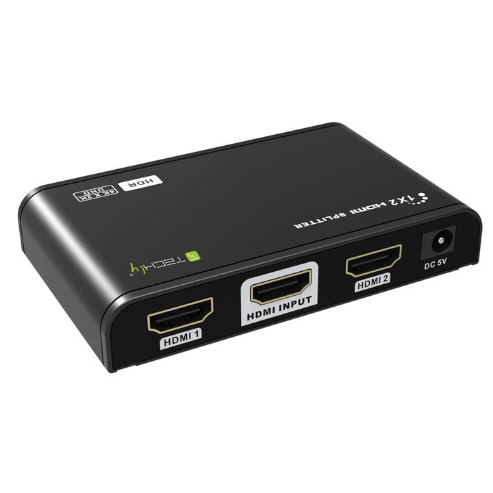 HDMI сплитер, 2 порта, 1 вход - 2 изхода, V.2.0, HDR/EDID, 4Kx2K@60Hz, включено захранване, черен, Techly, IDATA HDMI2-4K2HDR