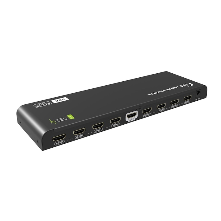 HDMI сплитер, 8 порта, 1 вход - 8 изхода, V.2.0, HDR/EDID, 4Kx2K@60Hz, захранване, Черен, Techly, IDATA HDMI2-4K8HDR