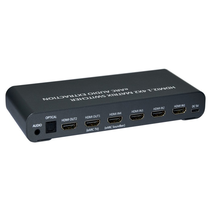 Switch matrice HDMI, audio extern, 4 intrari - 2 iesiri, 8K@60Hz, V.2.1, EDID, telecomanda, Negru, Techly, IDATA HDMI-MX428KA
