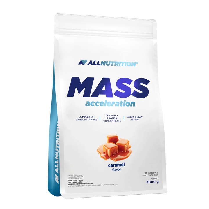 Gainer, proteine din zer, carbohidratii, ALLNUTRITION Mass Acceleration, 3000g, aroma Caramel, gainer pentru crestere in greutate si masa musculara