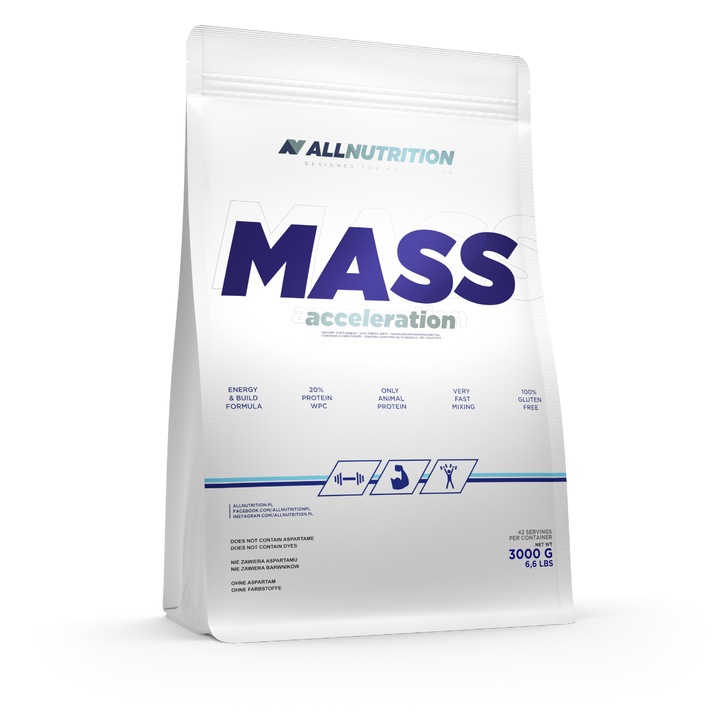 Gainer, proteine din zer, carbohidratii, ALLNUTRITION Mass Acceleration, 3000g, aroma Placinta cu mere, gainer pentru crestere in greutate si masa musculara
