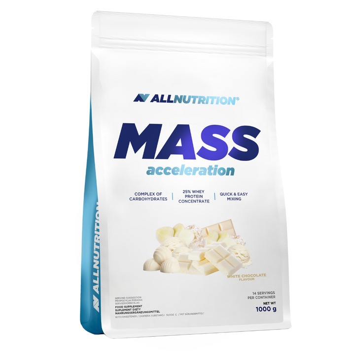 Gainer, proteine din zer, carbohidratii, ALLNUTRITION Mass Acceleration, 1000g, aroma Ciocolata alba, gainer pentru crestere in greutate si masa musculara