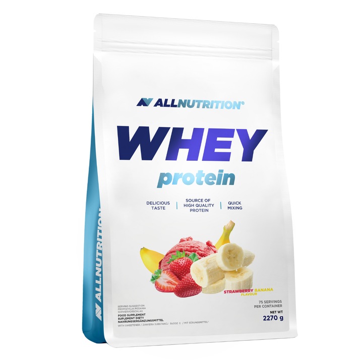 Proteine ALLNUTRITION Whey Protein, 2270g, aroma Banana-Capsuni, proteine din zer, pudra proteica