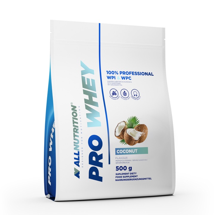 Proteine, ALLNUTRITION Pro Whey, 500g, aroma COCOS, concentrat si izolat de proteine, pentru muschi, fara zahar, proteine din zer