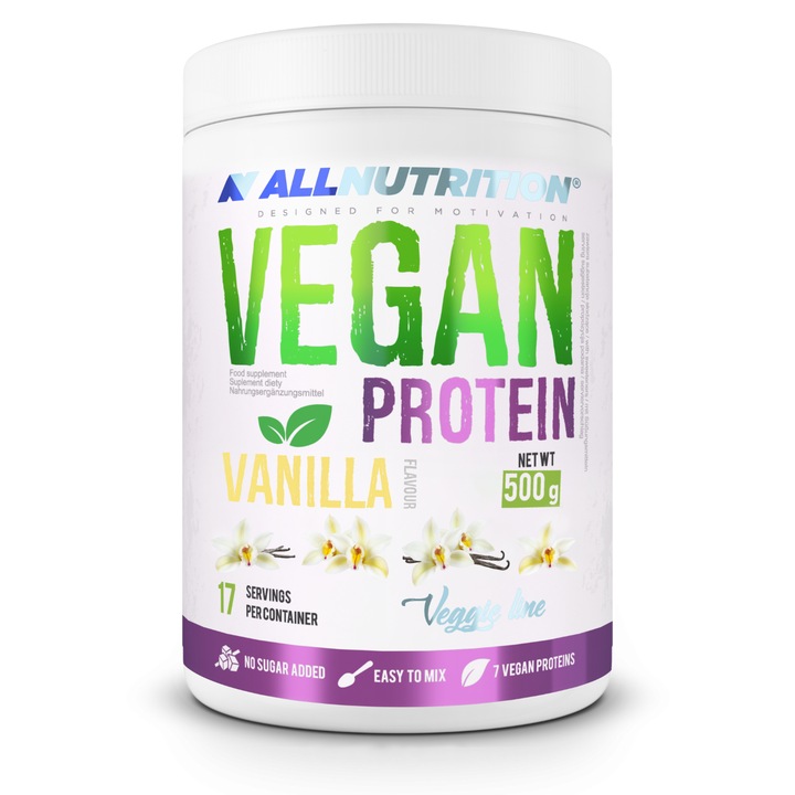 Proteine vegana, proteina vegetala, ALLNUTRITION Vegan Protein, 500g, aroma Vanilie, pudra proteica