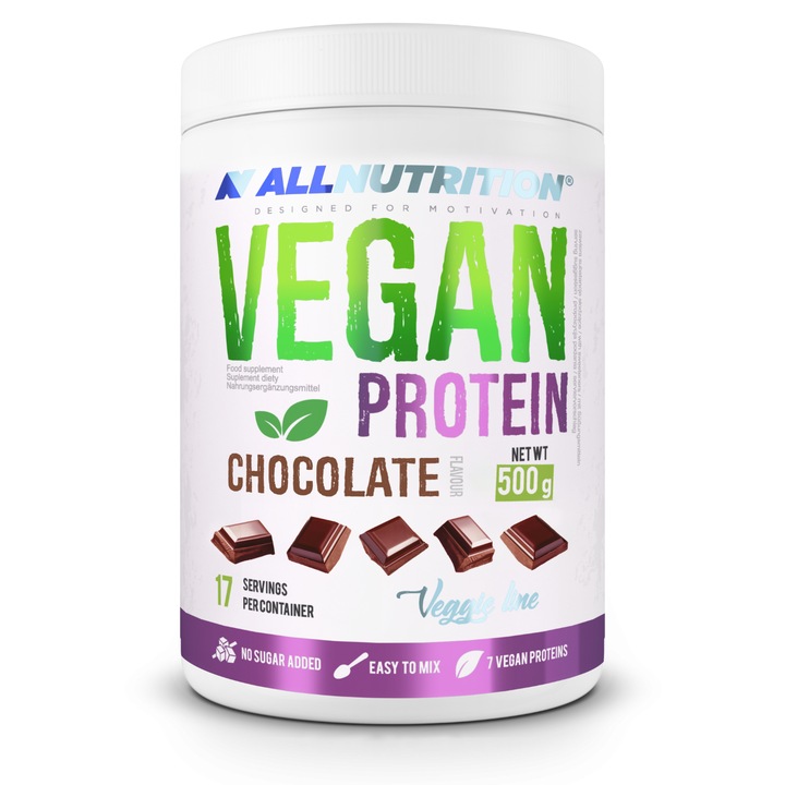 Proteine vegana, proteina vegetala, ALLNUTRITION Vegan Protein, 500g, aroma Ciocolata, pudra proteica