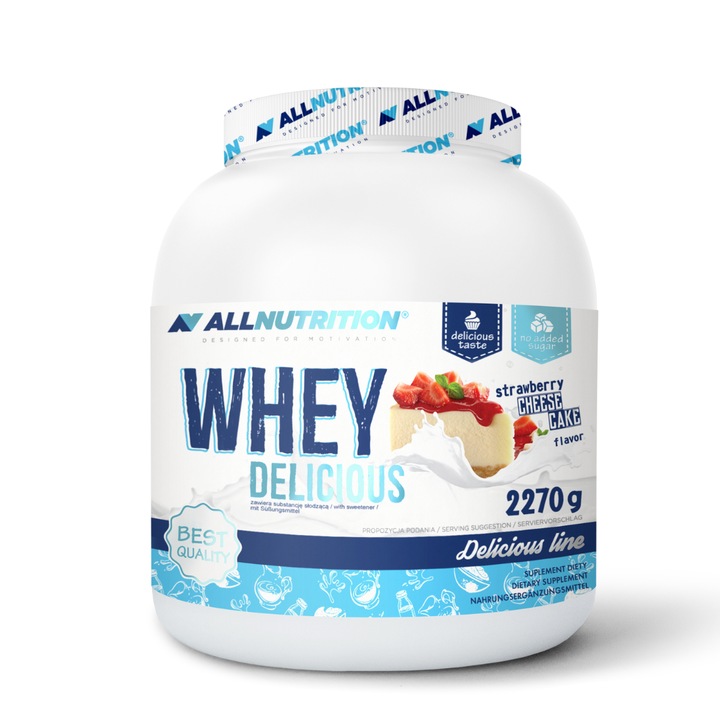 Proteine ALLNUTRITION Whey Delicious Protein, 2270g, aroma Cheesecake de Capsuni, pudra proteica, proteine din zer