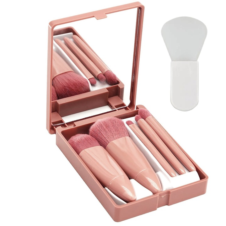 Mini set de pensule de machiaj, POMAMZ, 5 buc, cu husa, cu oglinda, portabil, Include o perie pentru masca faciala, Roz