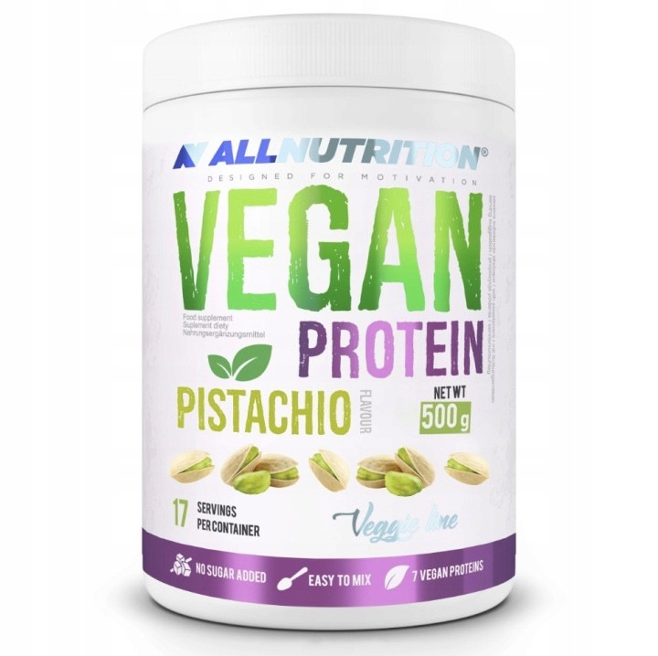 Pudra proteica vegana, ALLNUTRITION Vegan Protein, 500g, aroma de fistic, fara zahar, pentru dieta vegana, sustinerea masei musculare recuperate si alimentatie sportiva echilibrata