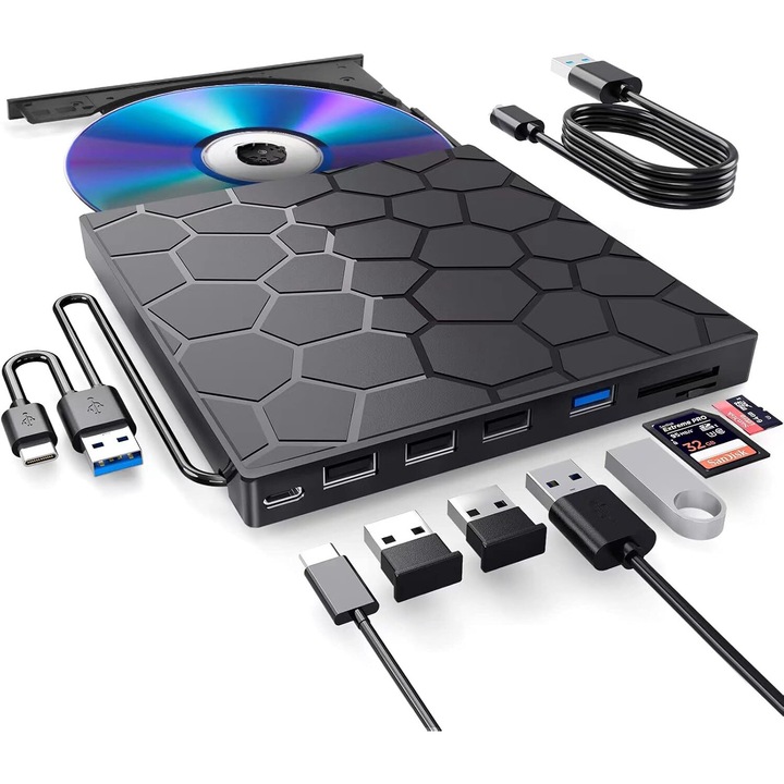 Преносим тънък външен DVD записвач Staryon®, USB 3.0, CD, DVD +/-, RW, Многофункционален, 3x USB-A 2.0, 1x USB-C 3.0, Четец на карти TF SD, DVD плейър съвместим с лаптоп/десктоп/MacBook/iMac, Windows 11/10/8/7/XP, Linux OS, Mac OS, Черен