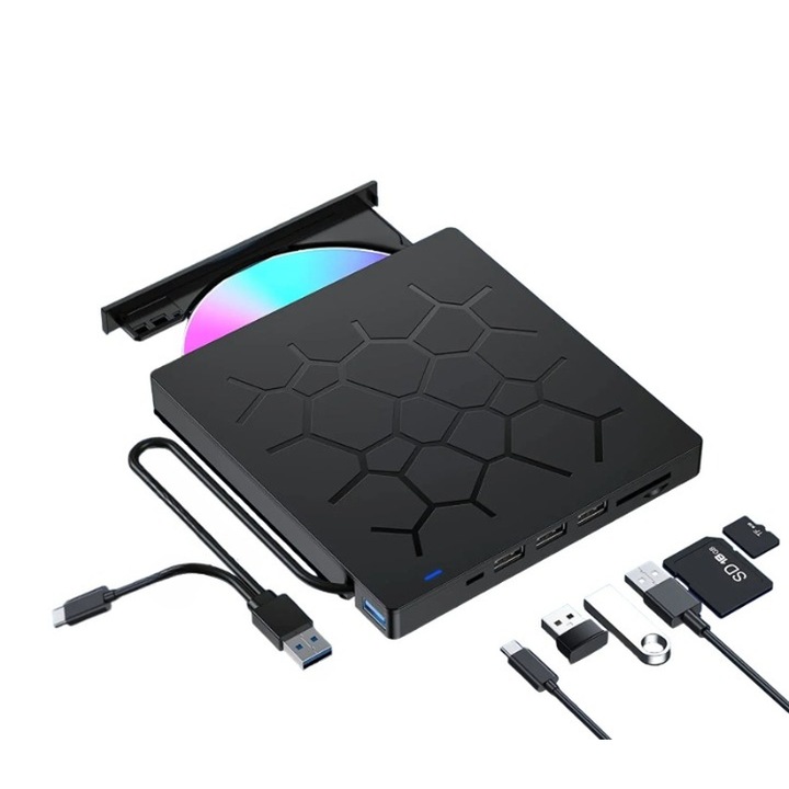 Vékony Staryon® hordozható külső DVD-író, USB 3.0, CD, DVD +/-, RW, többfunkciós, 3x USB-A 2.0, 1x USB-C 3.0, TF SD kártyaolvasó, olvasó DVD-lejátszó kompatibilis Laptop/asztali/Macbook/iMac , Windows 11/10/8/7/XP, Linux OS, Mac OS, fekete