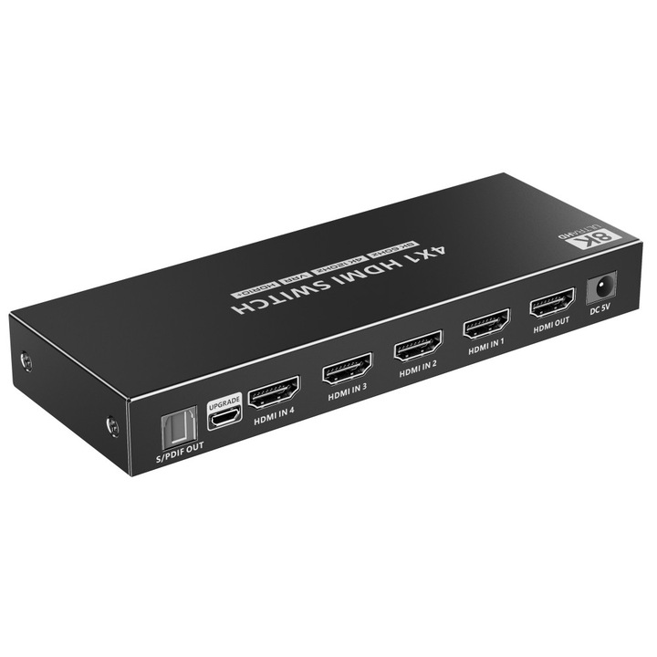 Switch HDMI, 4 porturi, 4 intrari - 1 iesire, V2.1, 8k@60Hz, EDID, SPDIF optic, Techly, IDATA HDMI-2148KT