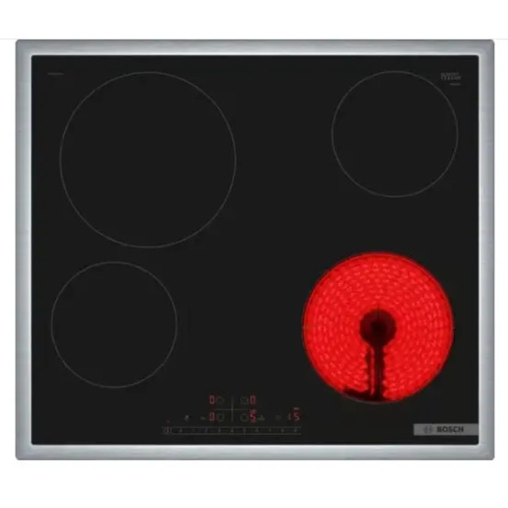 Plita incorporabila electrica Bosch PKE645FP2E, 4 zone de gatit, 6900W, Vitoceramica, Blocare copii, Neagra