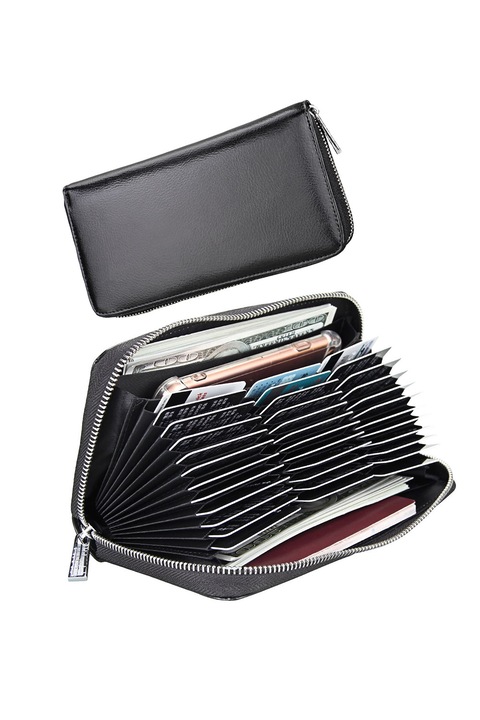 Portofel de Dama Foarte Incapator cu spatiu pentru 36 carduri, peste 100 bancnote, cu loc de Carnetel si Telefon, Piele Ecologica, Negru Mahagon, PriStyle®