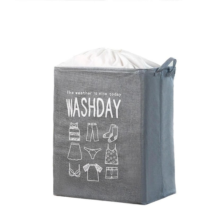 Összecsukható szennyeskosár, textil, szürke, 72 L, 33 x 43 x 53 cm