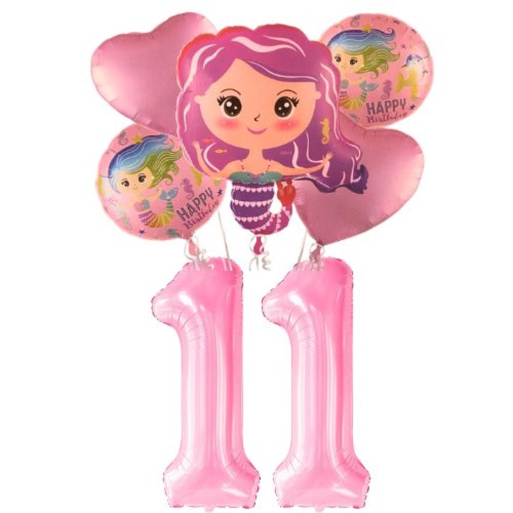 Set 7 baloane aniversare 11 ani, folie figurina Sirena, 2 rotunde Happy Birthday, 2 inimi roz si cifre roz 100cm
