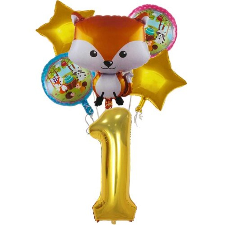 Set 6 baloane aniversare 1 an, folie figurina Veverita, 2 rotunde 45cm, 2 stelute aurii 45cm si cifra 1 aurie 100cm, zi de nastere
