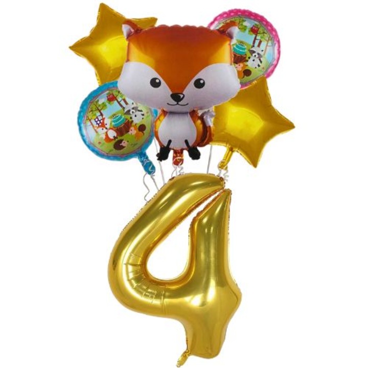 Set 6 baloane aniversare 4 ani, folie figurina Veverita, 2 rotunde 45cm, 2 stelute aurii 45cm si cifra 4 aurie 100cm, zi de nastere