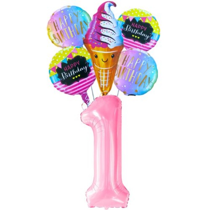 Set 6 baloane aniversare 1 an, folie figurina Inghetata, 4 rotunde Happy Birthday 45cm si cifra 1 roz 100cm