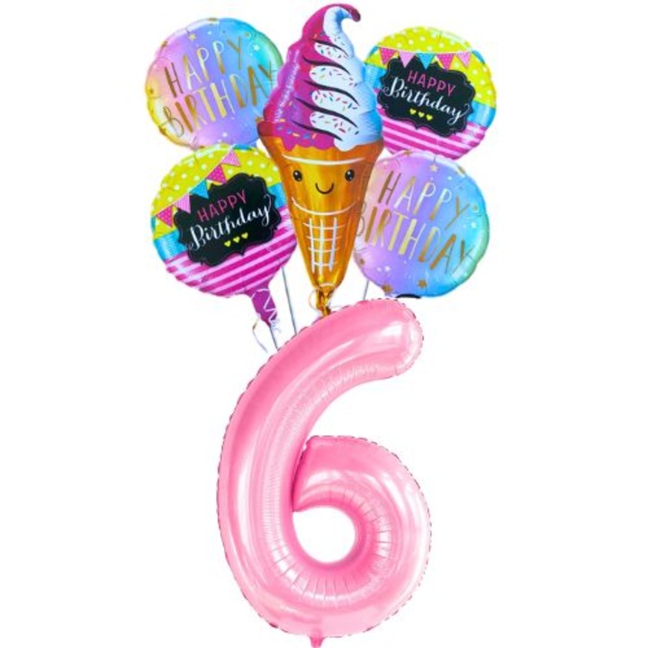Set 6 baloane aniversare 6 ani, folie figurina Inghetata, 4 rotunde Happy Birthday 45cm si cifra 6 roz 100cm