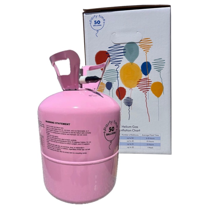 Party Time – Butelie heliu roz pentru 50 baloane de 23 cm | Heliu premium pentru plutire indelungata | Supapa inclusa | Ideala pentru decoratiuni la petreceri, aniversari, nunti si evenimente