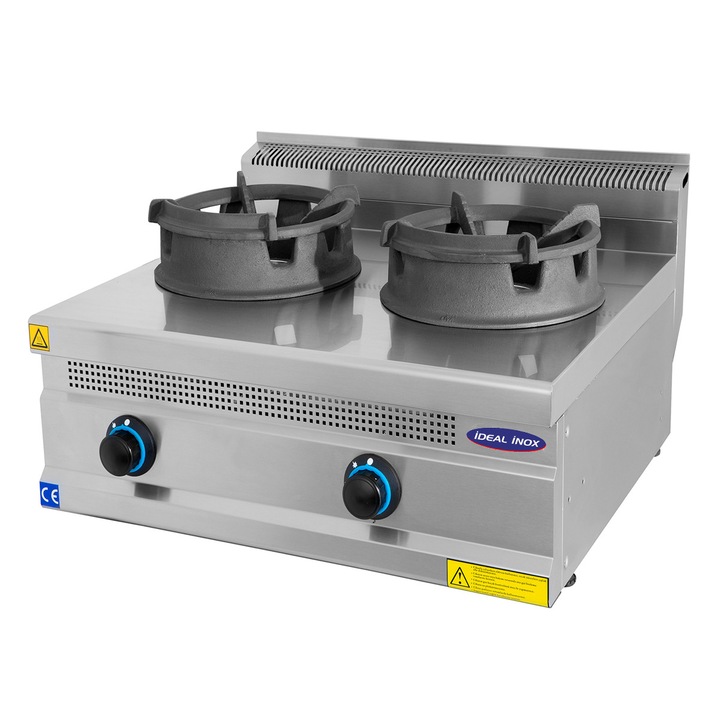 Aragaz cu doua focuri tip wok Ideal Inox suport vesela din fonta