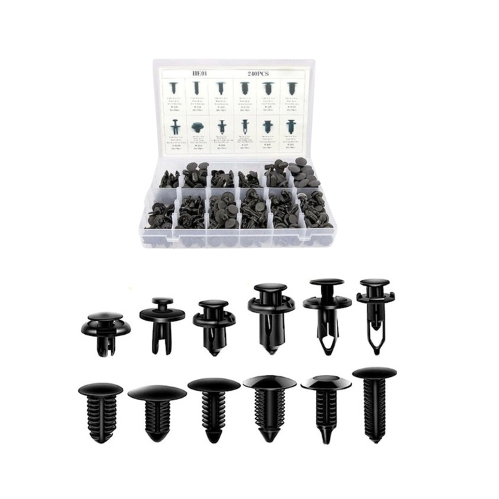 Set 240 clipsuri auto de fixare, 12 dimensiuni universale, plastic, negre, Dactylion®