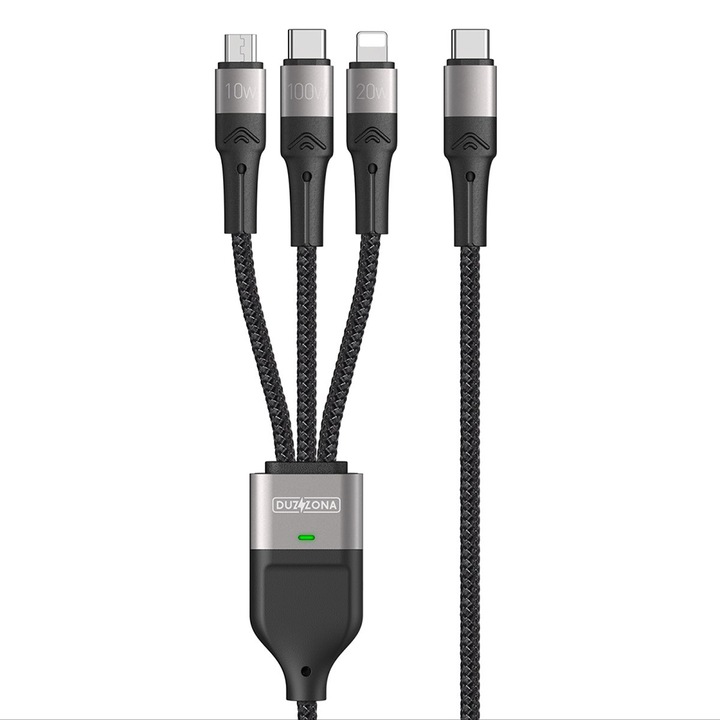 Adatkábel 3 az 1-ben, USB-C a Type-C-hez, Lightning, Micro-USB, 100 W, 1,3 m - Duzzona (A4) - Szürke