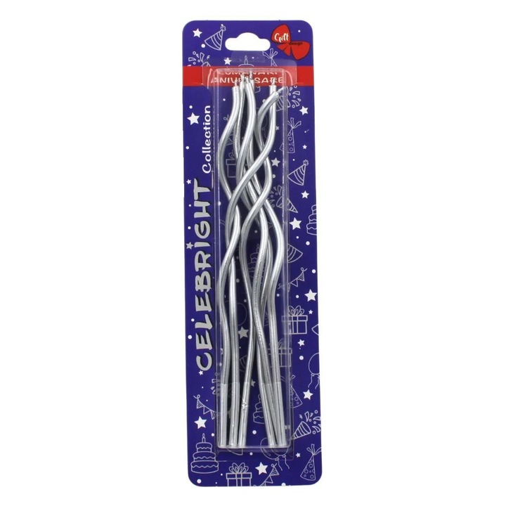 Set 6 lumanari pentru tort, curbate, argintii, Celebright, 15.5cm
