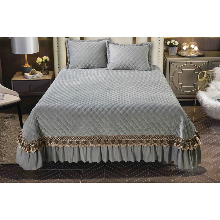 Set Cuvertura catifea 230x250cm, 3 piese cu broderie, Gri + 2 fete perna