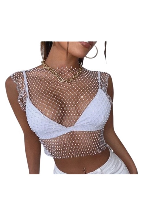 CLASStitude мрежест потник с кристална декорация, модел с изрязан топ, за клуб или повод, универсален размер, бял