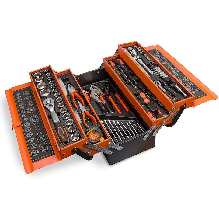Комплект от 85 части и инструменти, разделена кутия с 4 сгъваеми чекмеджета, черно/оранжево, Dactylion®