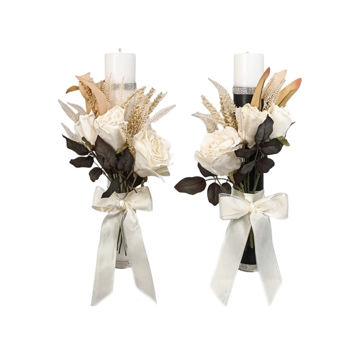Lumanari nunta decorate, aromata, FABRICA DE LUMANARI GHIOROC alb si negru cu trandafiri, H40cm - D5.5cm, set 2 bucati