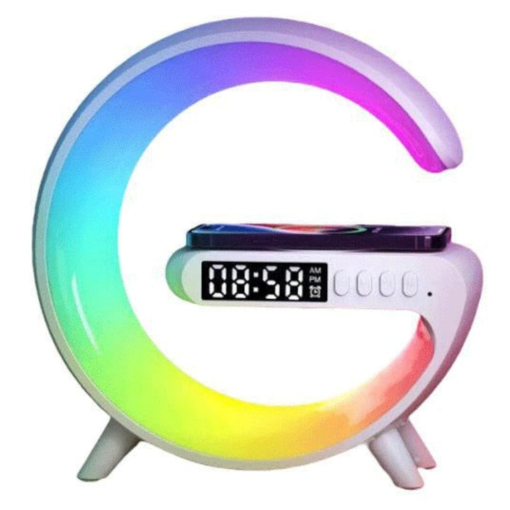 3 az 1-ben töltőállomás RGB lámpával, vezeték nélküli kapcsolattal, Bluetooth hangszóróval, digitális órával