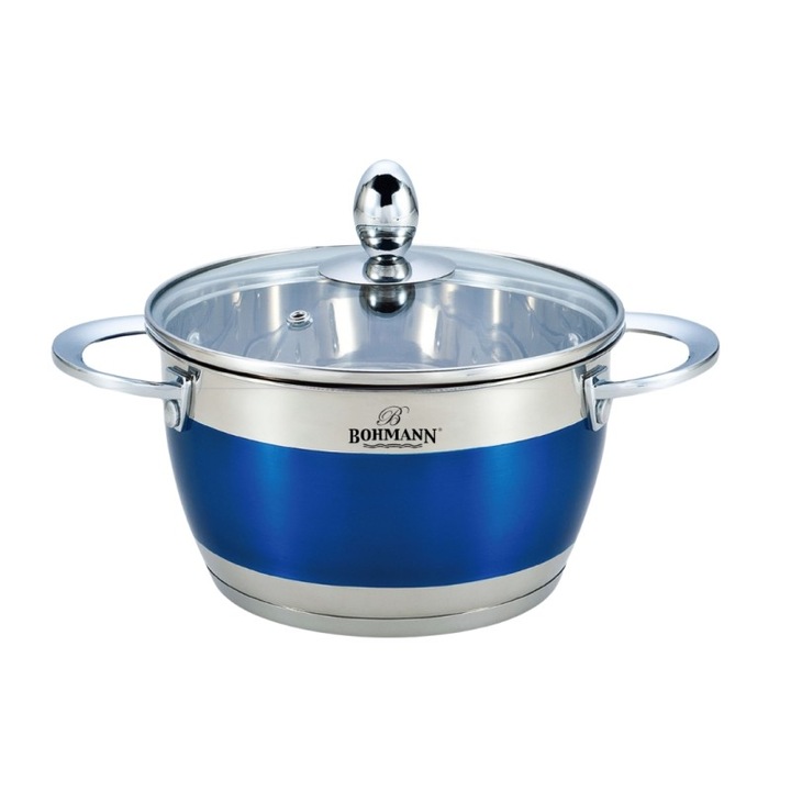Cratita din inox Bohmann 7.1l, 26cm, capac sticla termorezistenta, inclusiv inductie, model albastru