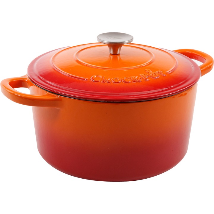 Sütőedény fedővel, Crock-Pot, zománcozott öntöttvas, kerek, narancssárga, 4,7L