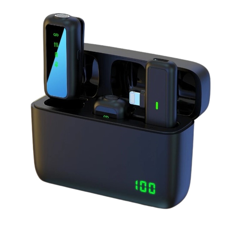Комплект от 2 микрофона Lavalier, IMODIX®, за iPhone Lightning, Wi-Fi, магнитна защита и калъф за зареждане с цифров дисплей, намаляване на фоновия шум, ясен глас, малък размер, черен
