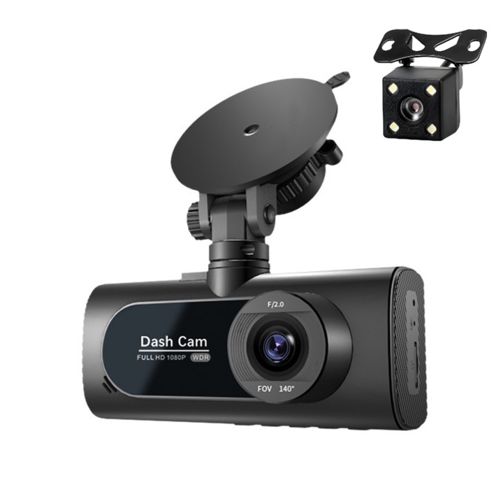 Тройна DVR камера за кола, IMODIX®, Full HD 1080P, 3 лещи, камера за заден ход, 140° широко зрително поле, 2-инчов екран, нощно виждане, цикличен запис, G сензор, детекция на движение, черен