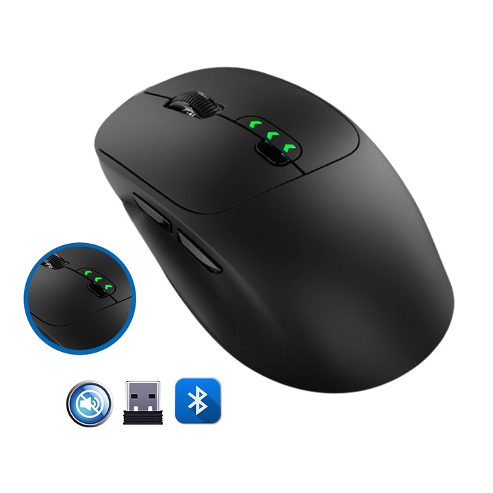 Vezeték nélküli egér Fbirddek M13 Bluetooth és 2,4 GHZ, 6 gomb, csendes, látható akkumulátor töltöttségi szint, USB-C, ergonómikus, PC Mac laptophoz, 500 mAh, fekete