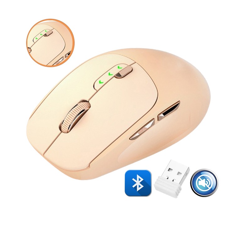 Безжична мишка Fbirddek® M13 Bluetooth и 2.4GHZ, 6 бутона, Безшумна, Видимо ниво на батерията, USB-C, Ергономична, За лаптоп PC Mac, 500mAh, Бежова