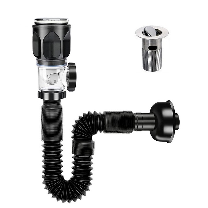 Set sifon si ventil scurgere BOMSTOM, flexibil, extensibil, anti-insecte si miros, 300-1000 mm poate fi extins, universal, negru, 50x10x5cm